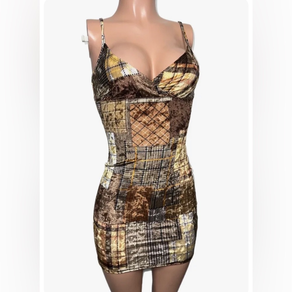 Y2K Brown Plaid Velveteen mini Dress Bodycon party clubbin punk Fairycore party